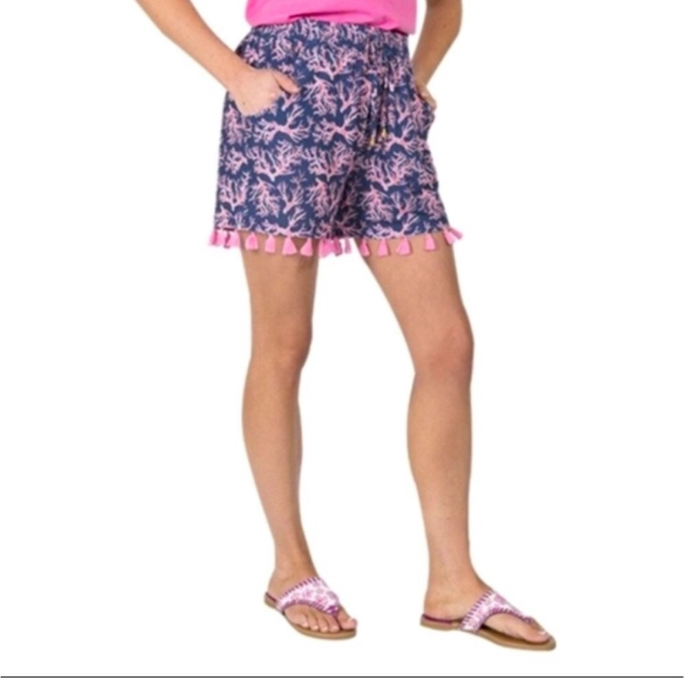 Simply Southern Coral Print Shorts with Tassel Fringe Bottoms | Size L/Xl